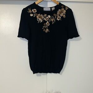 Alfred Dunner Black Top with Brown Floral Embroidery